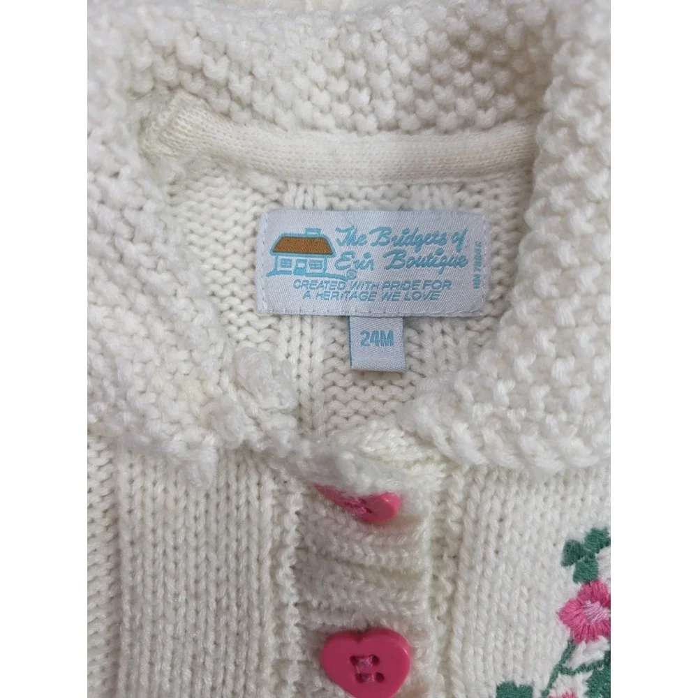 VTG 90s Eri Boutique Ivory Knit Cardigan Floral Heart Buttons Girls 24M